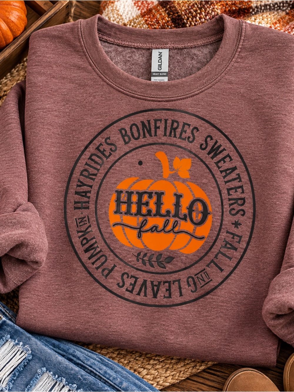 Gildan Rust Maroon Crewneck Sweatshirt with Orange Pumpkin Graphic